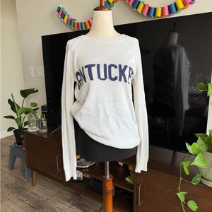 White Sweater with Blue Lettering
